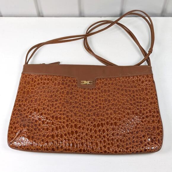 Vintage Sandro Brown Leather Faux Reptile Rectangular Shoulder Bag *READ - Picture 1 of 14